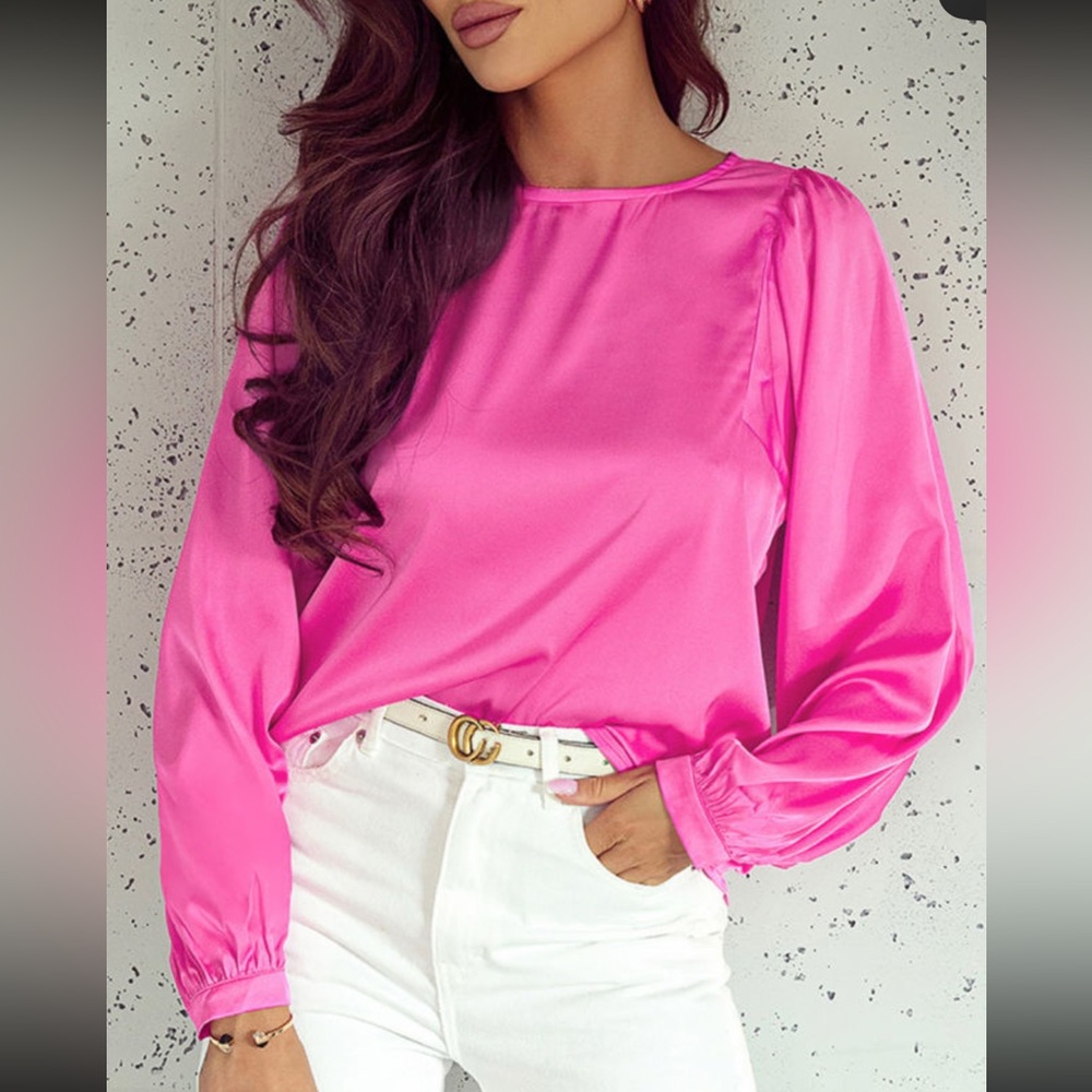 Pink Long Sleeve Satin Puff Bouse